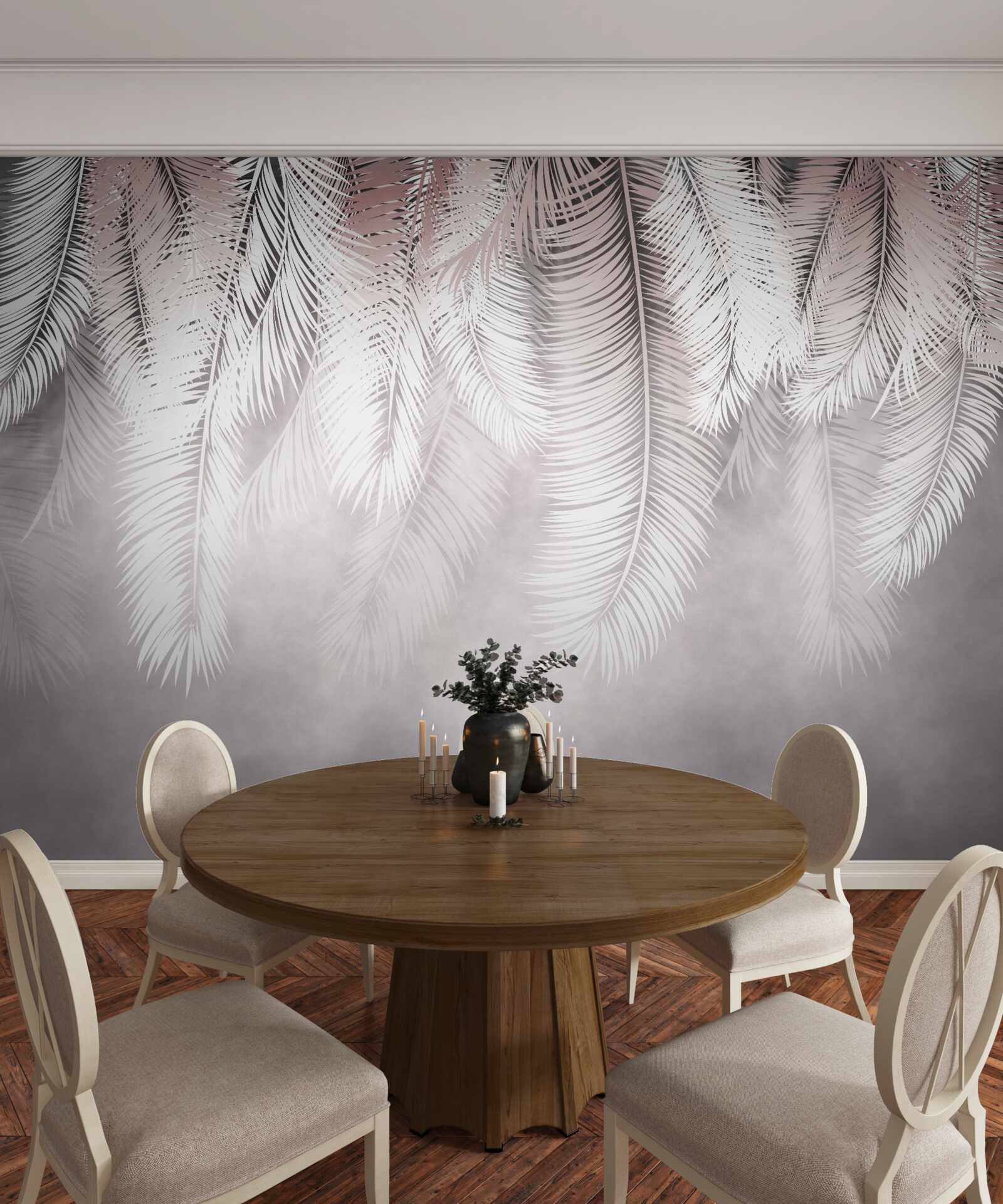 Fototapet frunze de palmier albe, pufoase și strălucitoare