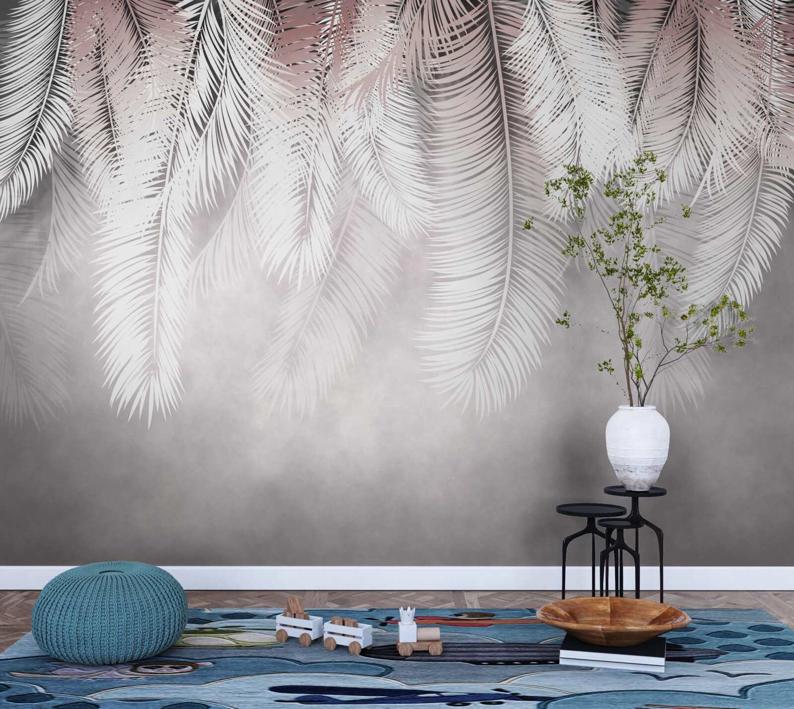 Fototapet frunze de palmier albe, pufoase și strălucitoare