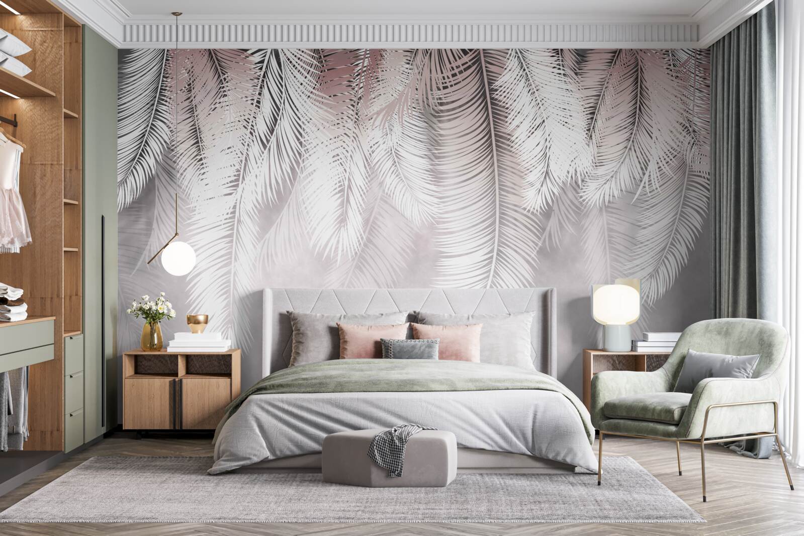 Fototapet frunze de palmier albe, pufoase și strălucitoare