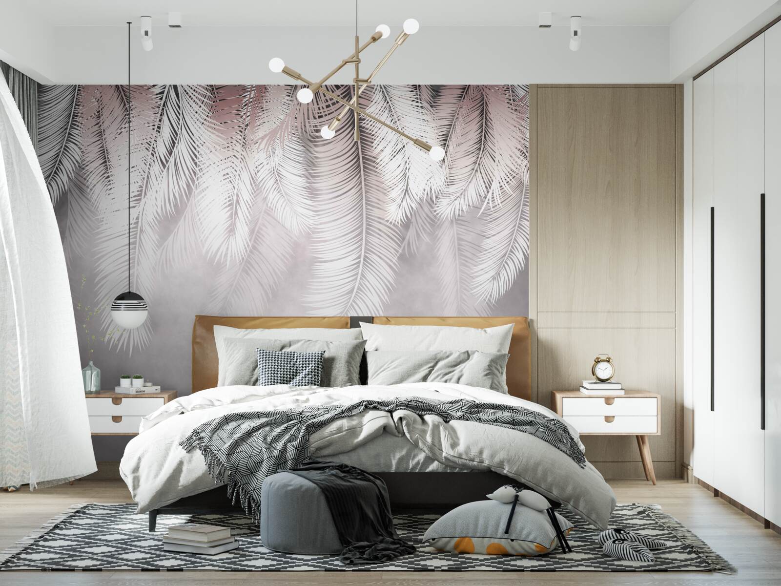 Fototapet frunze de palmier albe, pufoase și strălucitoare