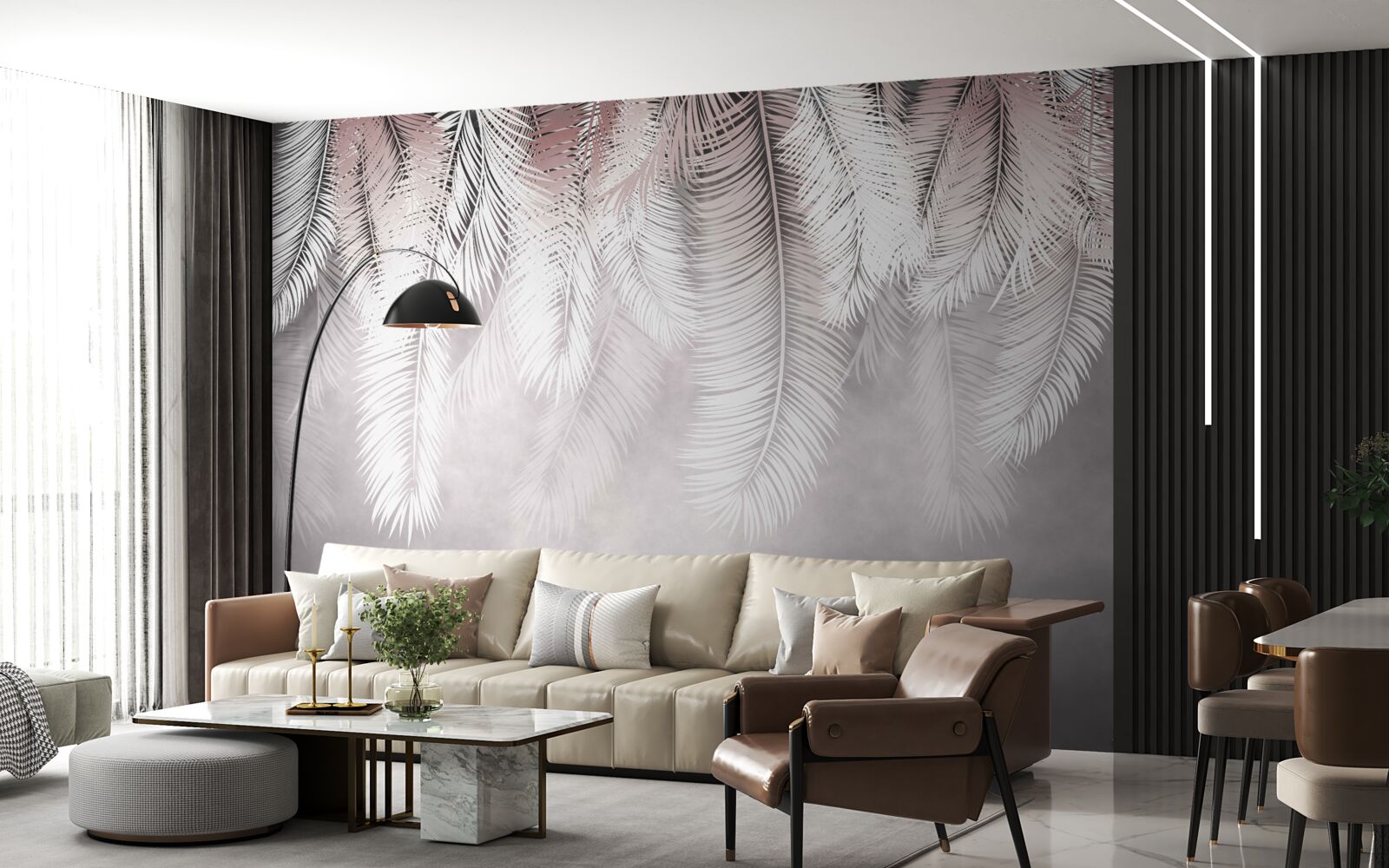 Fototapet frunze de palmier albe, pufoase și strălucitoare
