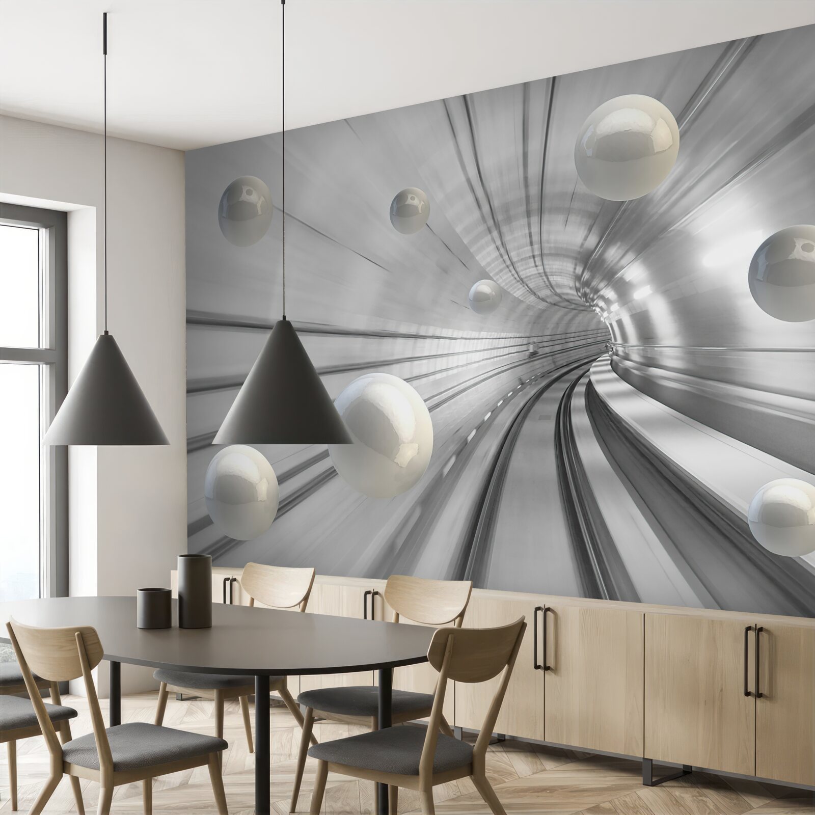 Fototapet trecere de bile albe ca zăpada suspendate în aer