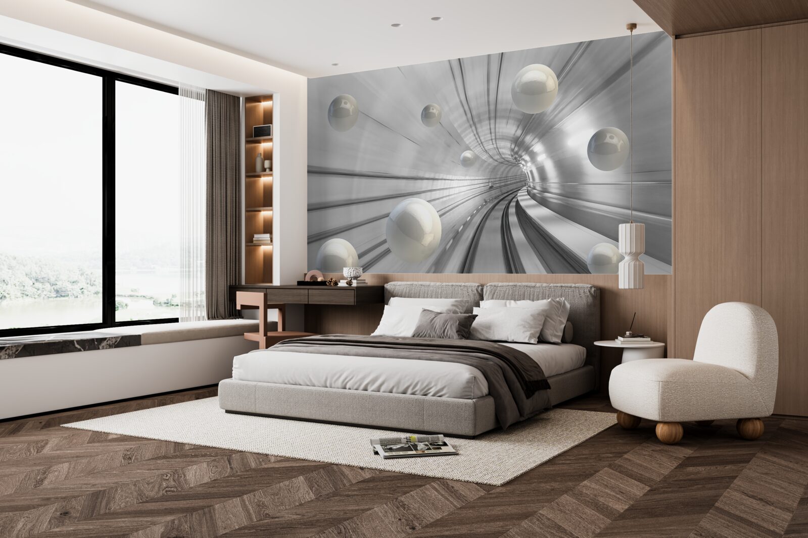 Fototapet trecere de bile albe ca zăpada suspendate în aer