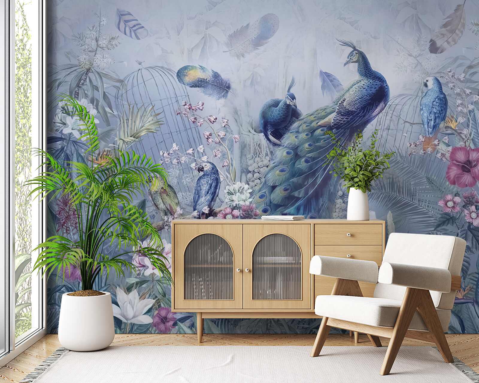 Fototapet papagali și păuni într-o răscoală de flori în grădină