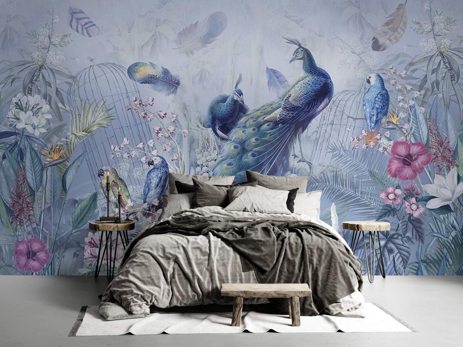 Fototapet papagali și păuni într-o răscoală de flori în grădină