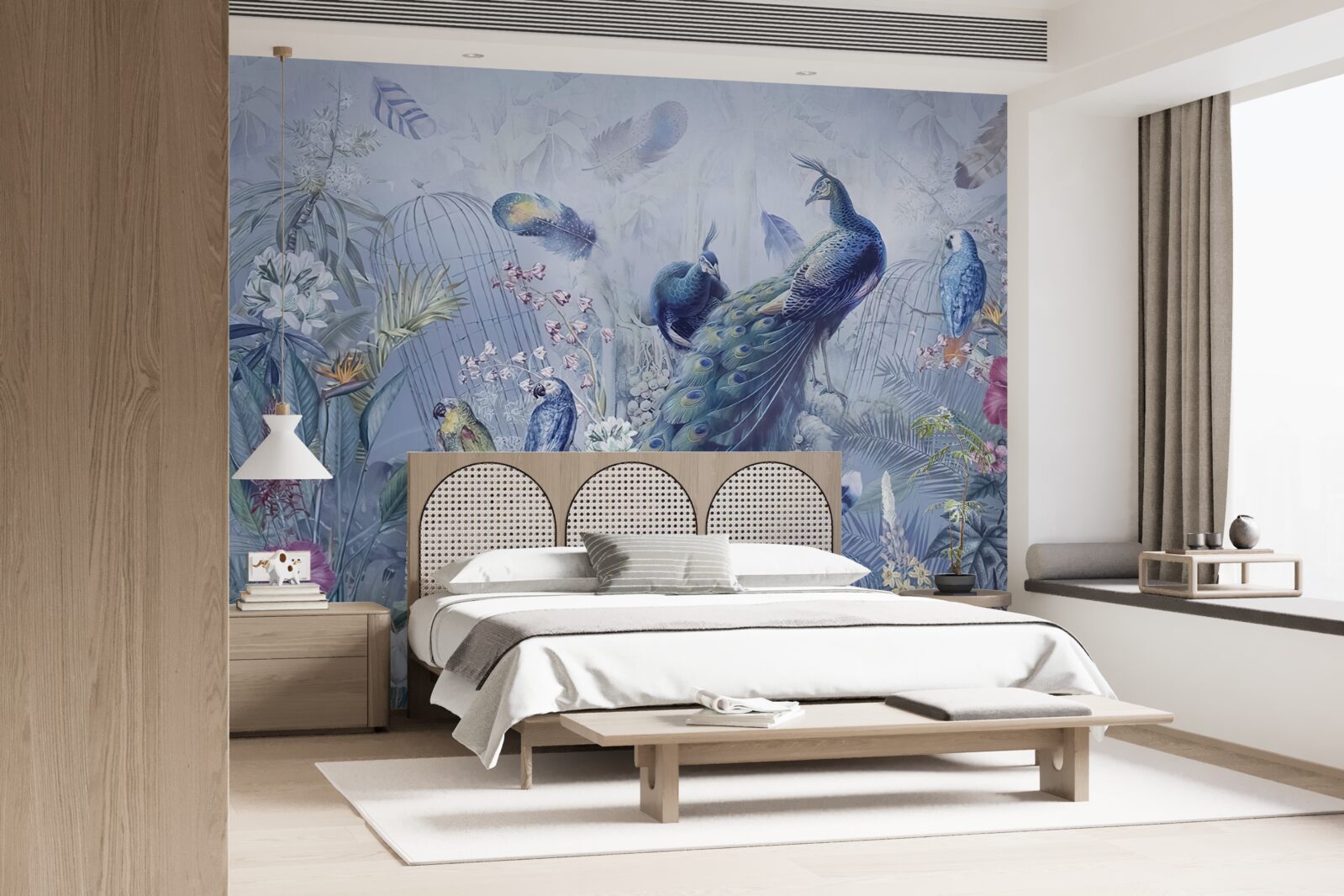 Fototapet papagali și păuni într-o răscoală de flori în grădină