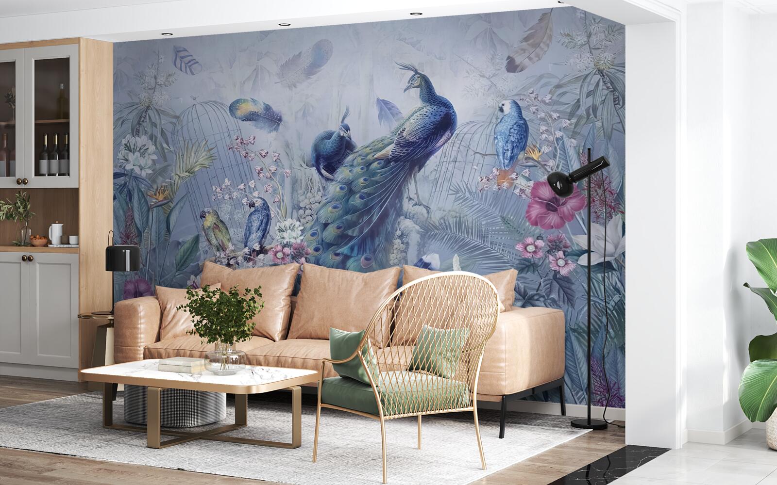 Fototapet papagali și păuni într-o răscoală de flori în grădină