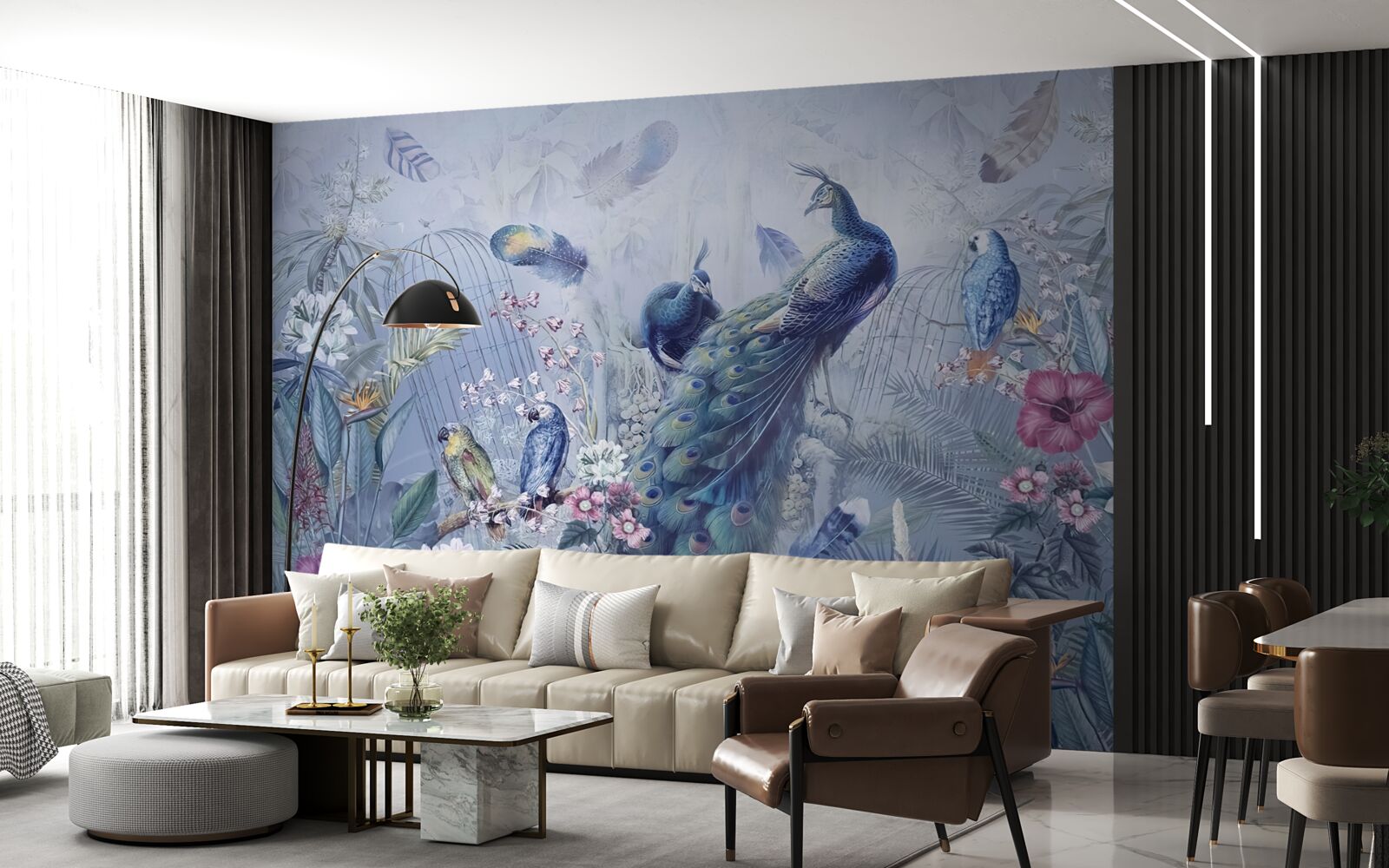 Fototapet papagali și păuni într-o răscoală de flori în grădină