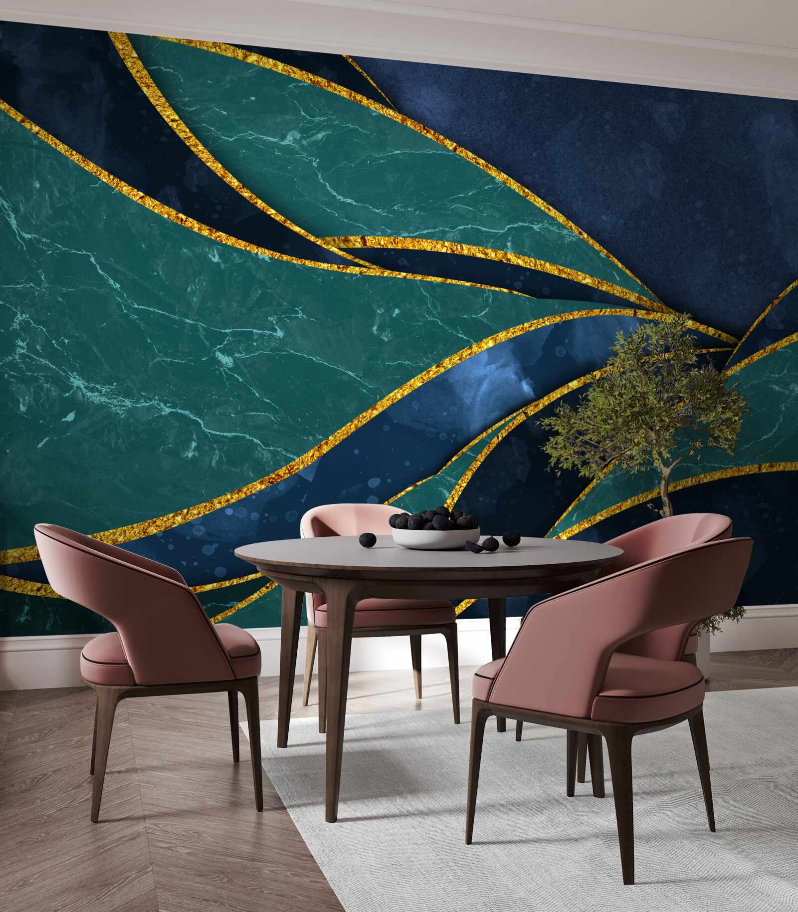 Fototapet linii de smarald curbate grațios pe un fundal albastru