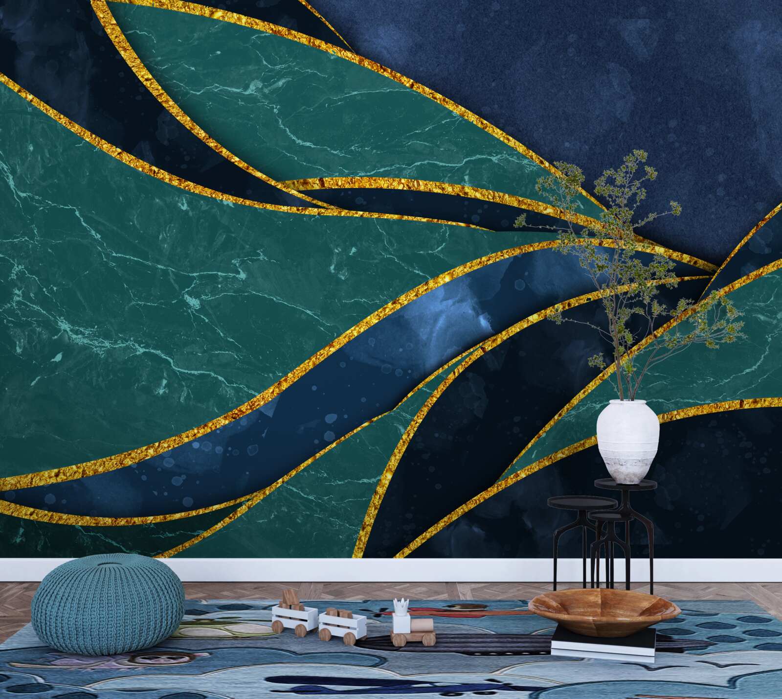 Fototapet linii de smarald curbate grațios pe un fundal albastru