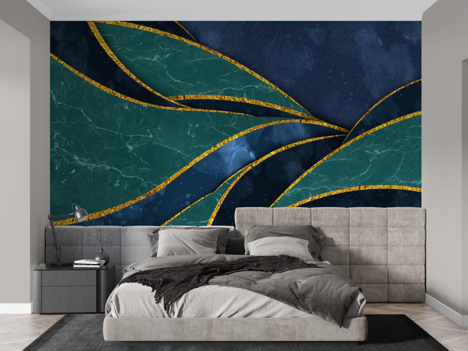 Fototapet linii de smarald curbate grațios pe un fundal albastru