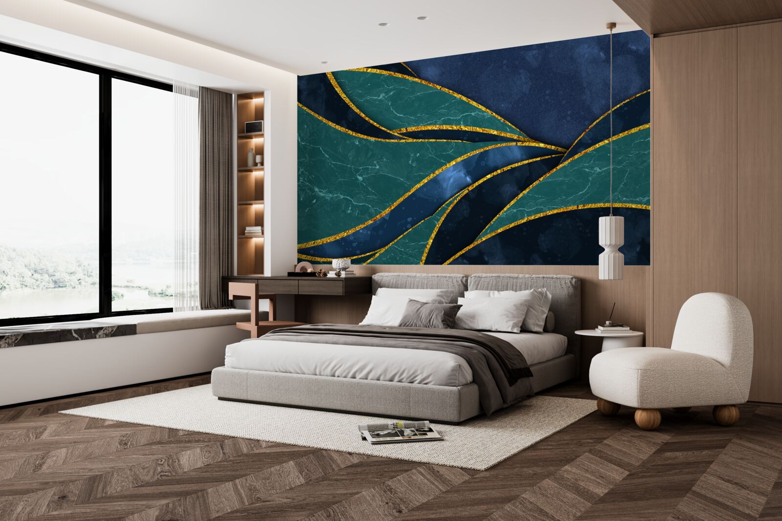 Fototapet linii de smarald curbate grațios pe un fundal albastru