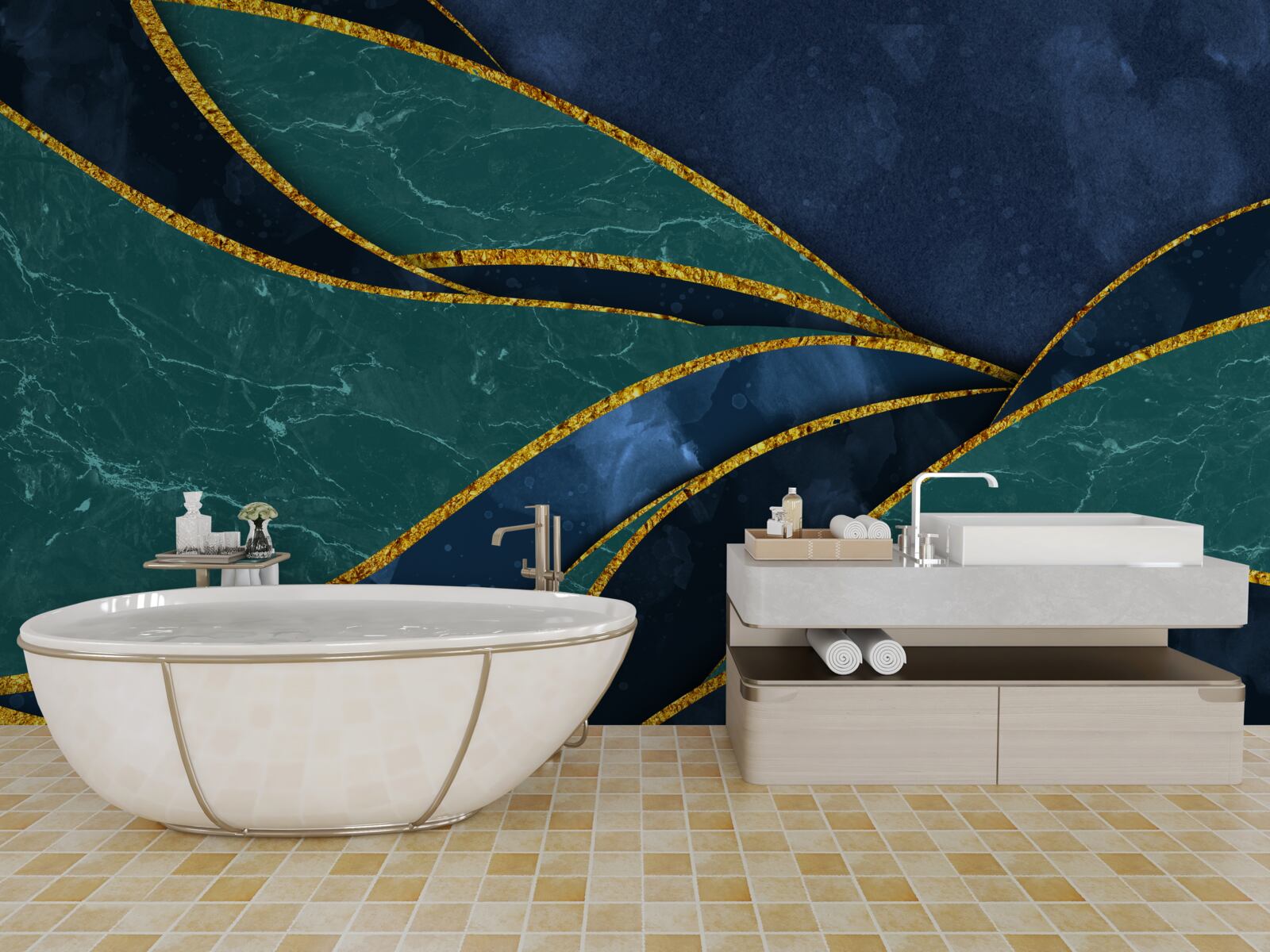 Fototapet linii de smarald curbate grațios pe un fundal albastru