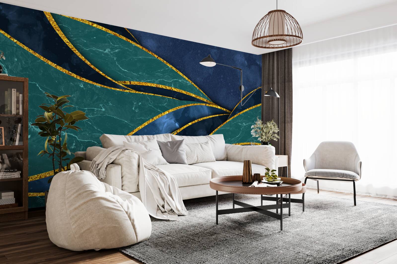 Fototapet linii de smarald curbate grațios pe un fundal albastru