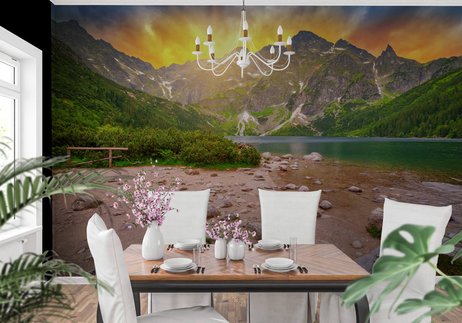 Fototapet apusul soarelui în spatele unui lac din munții Tatra