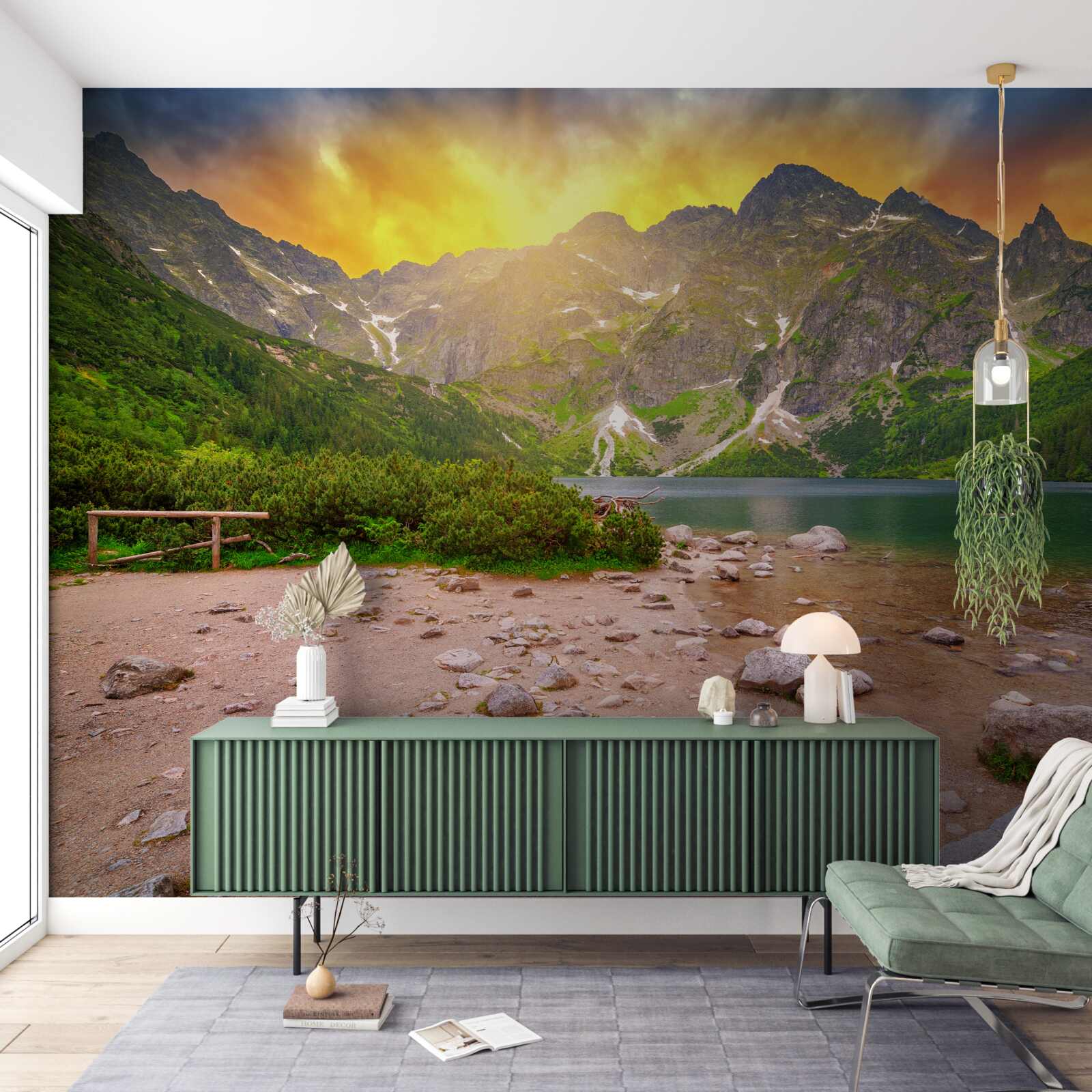 Fototapet apusul soarelui în spatele unui lac din munții Tatra