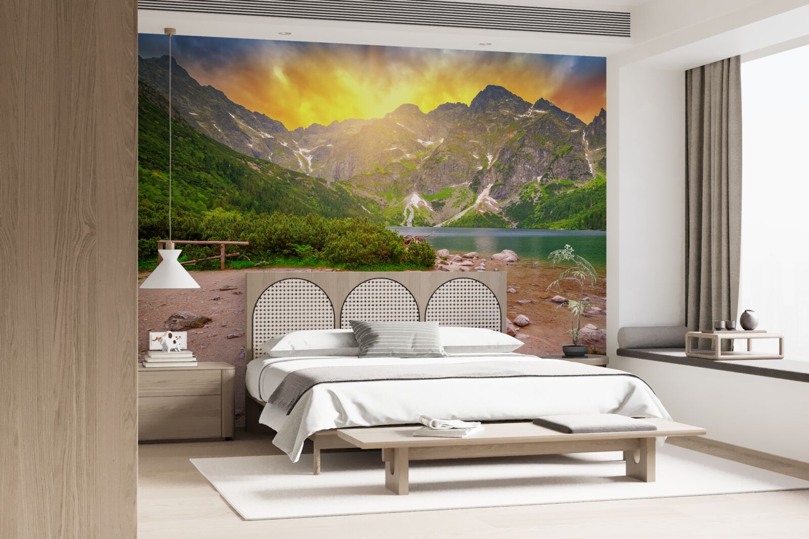 Fototapet apusul soarelui în spatele unui lac din munții Tatra