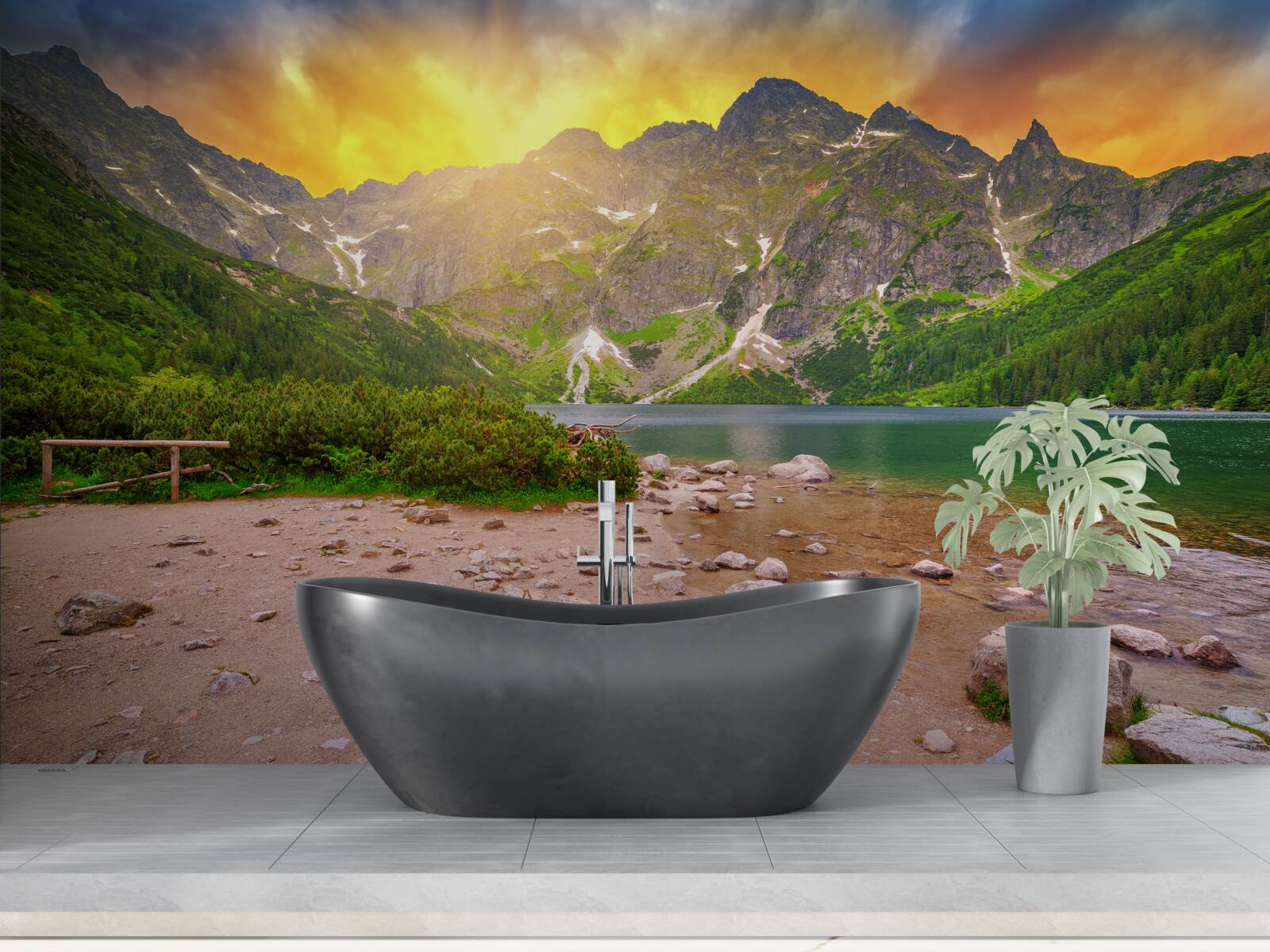 Fototapet apusul soarelui în spatele unui lac din munții Tatra