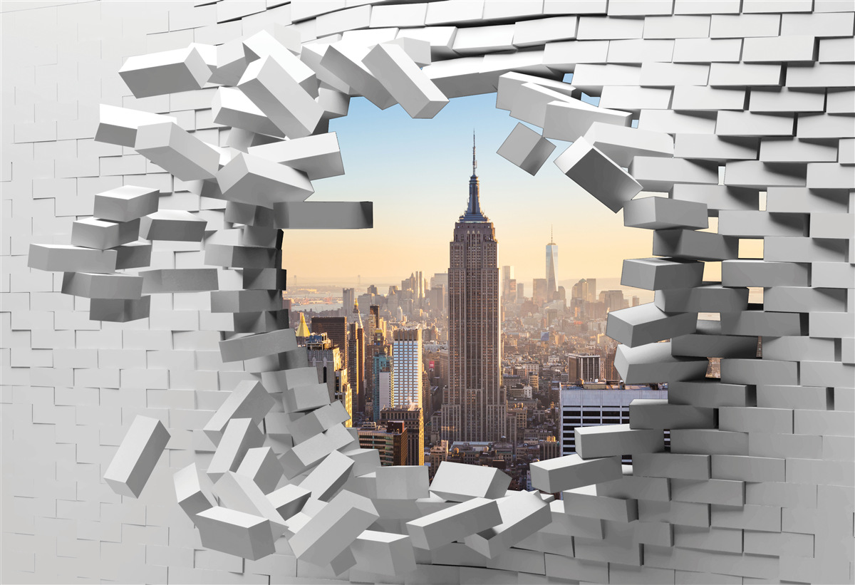 Fototapet privind prin zidul dărăpănat al Empire State Building