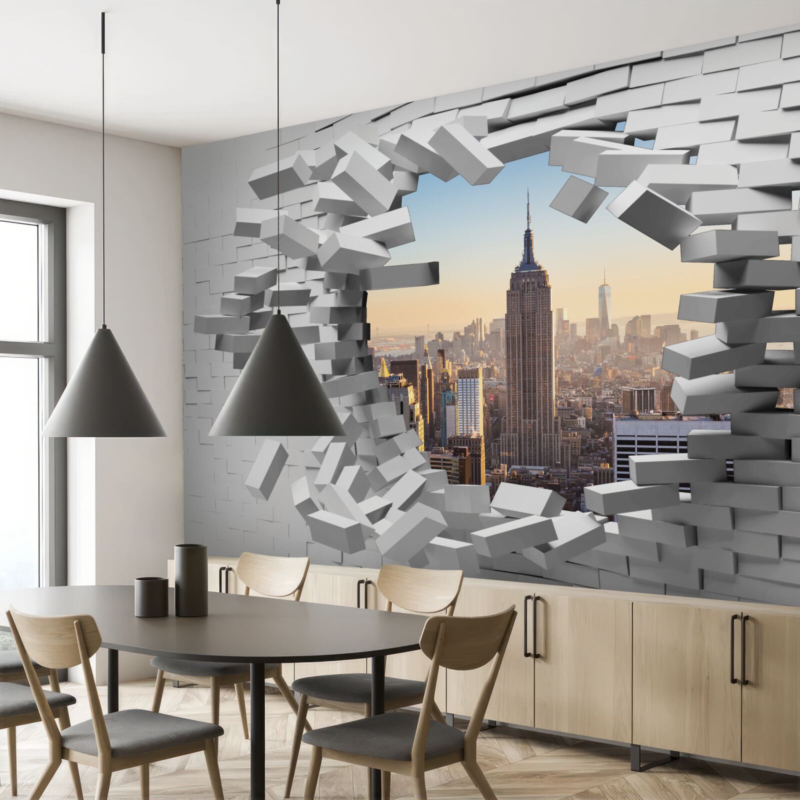 Fototapet privind prin zidul dărăpănat al Empire State Building