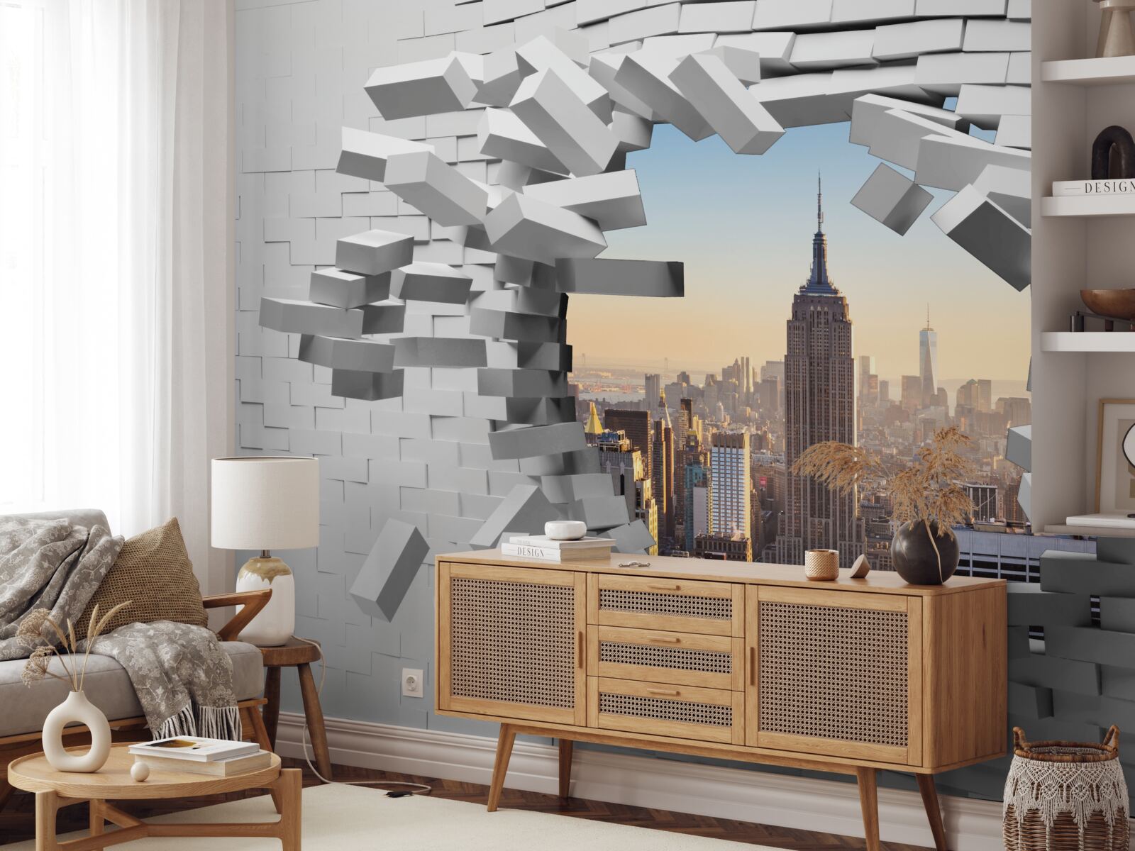 Fototapet privind prin zidul dărăpănat al Empire State Building