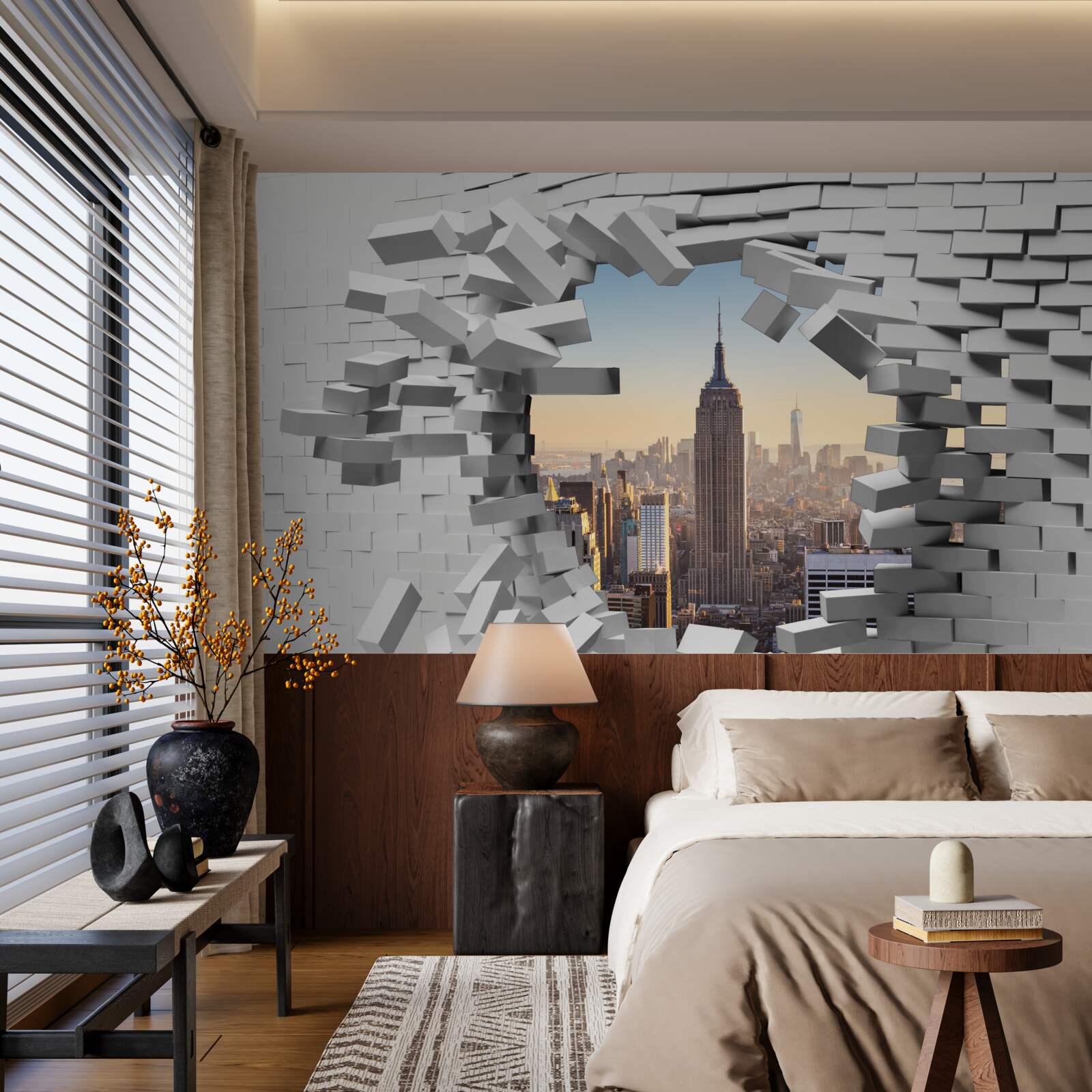 Fototapet privind prin zidul dărăpănat al Empire State Building