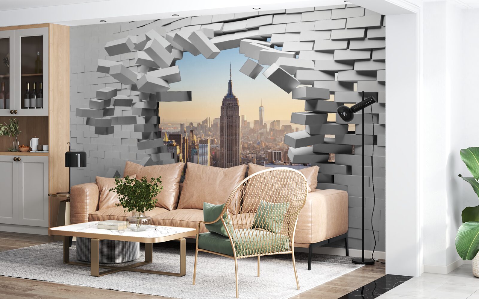 Fototapet privind prin zidul dărăpănat al Empire State Building