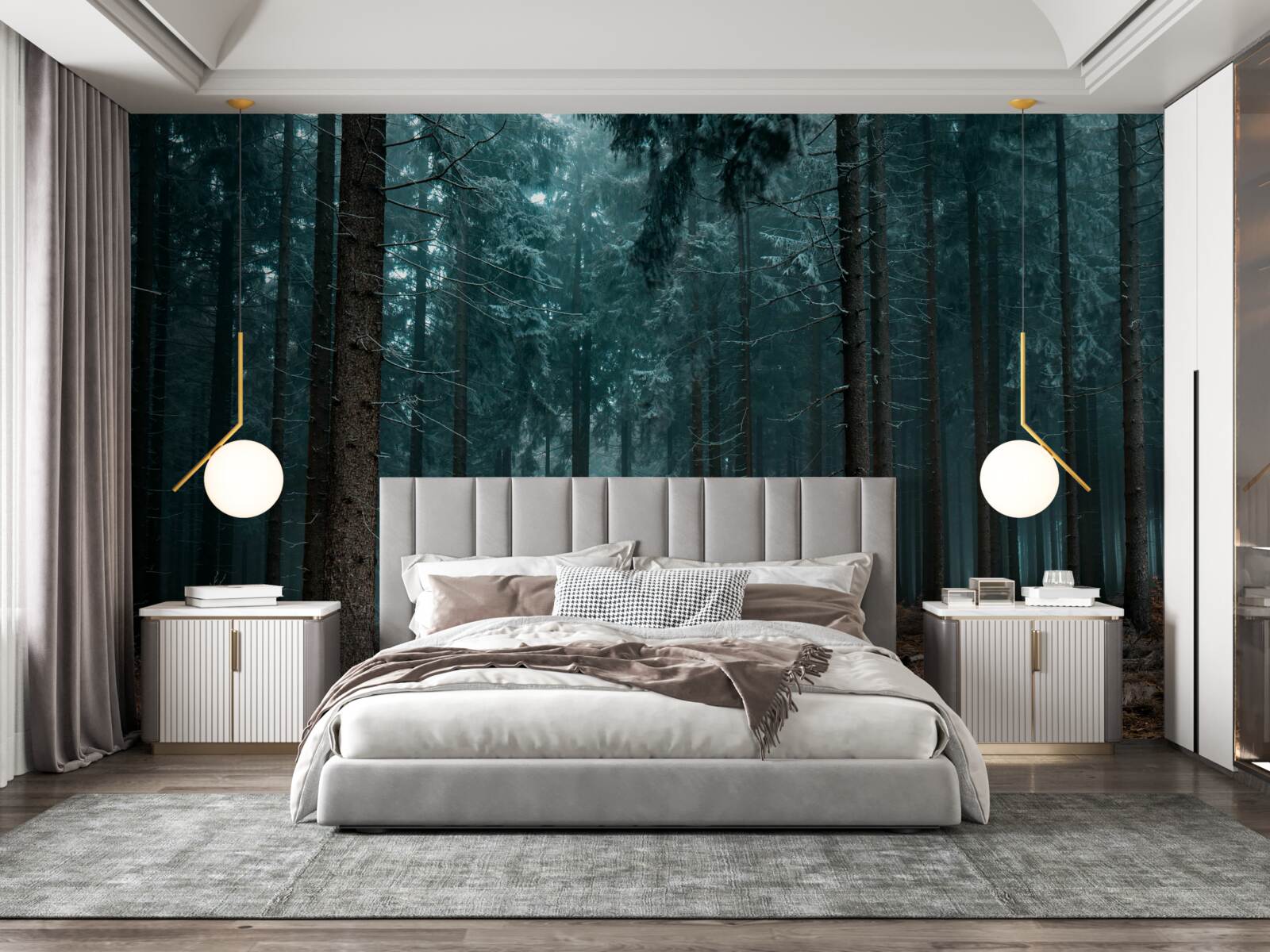 Fototapet traseu valoros în pădurea densă și cețoasă