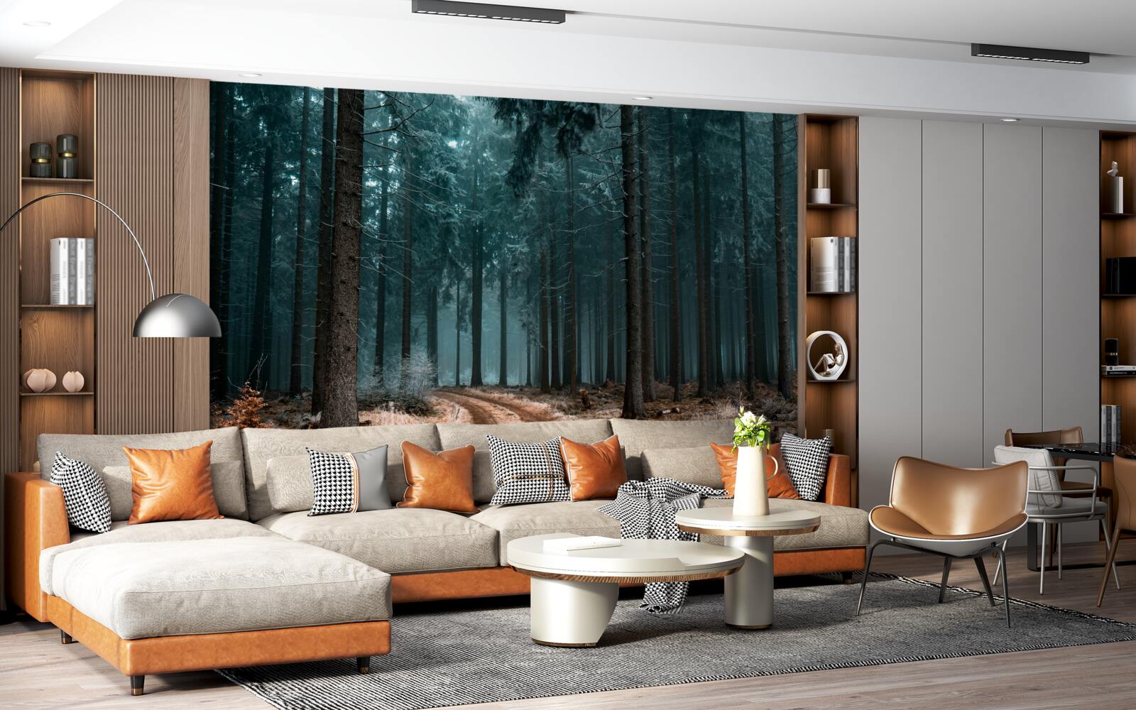 Fototapet traseu valoros în pădurea densă și cețoasă