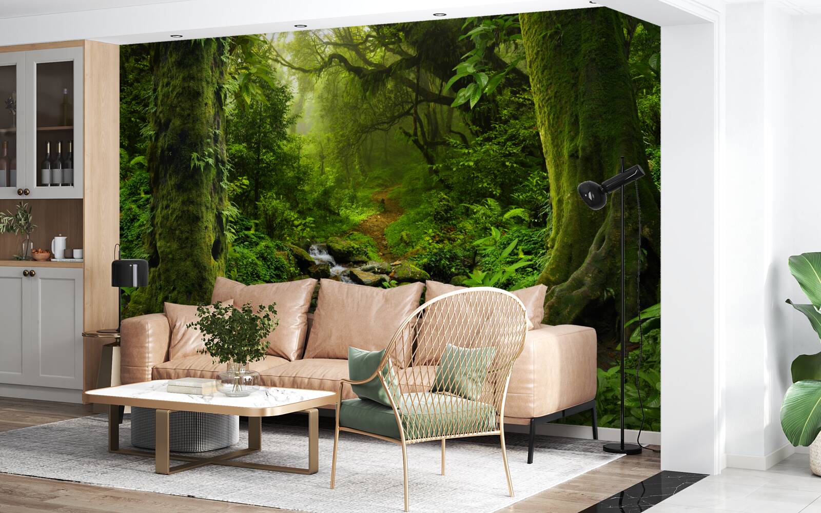 Fototapet Zori peste o cascadă în mijlocul pădurii