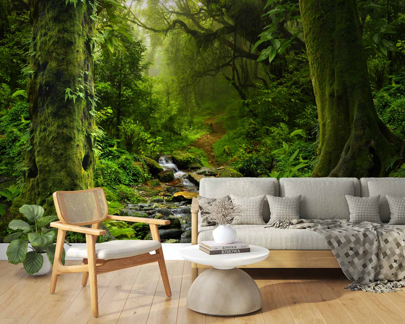 Fototapet Zori peste o cascadă în mijlocul pădurii