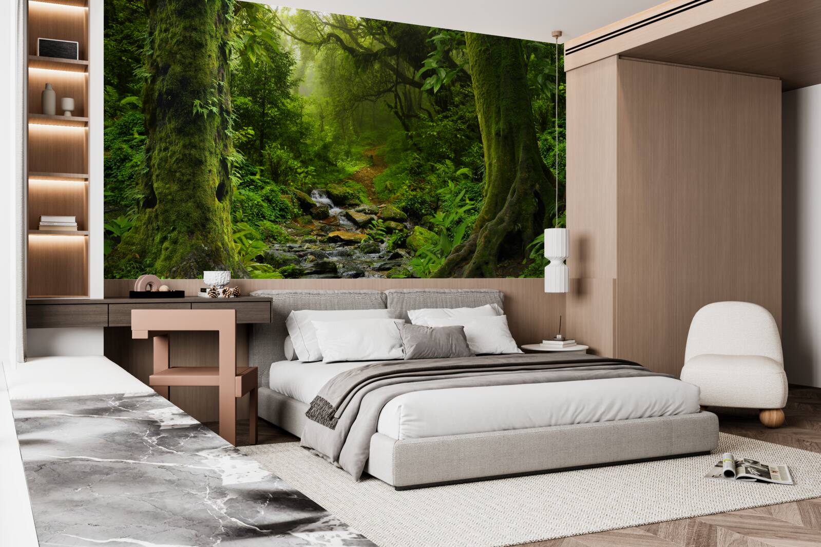 Fototapet Zori peste o cascadă în mijlocul pădurii