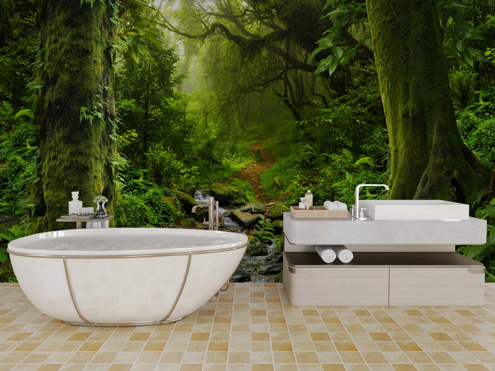 Fototapet Zori peste o cascadă în mijlocul pădurii