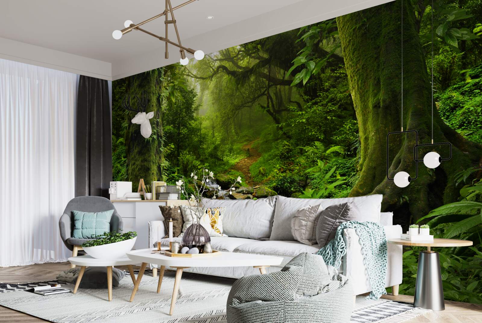 Fototapet Zori peste o cascadă în mijlocul pădurii