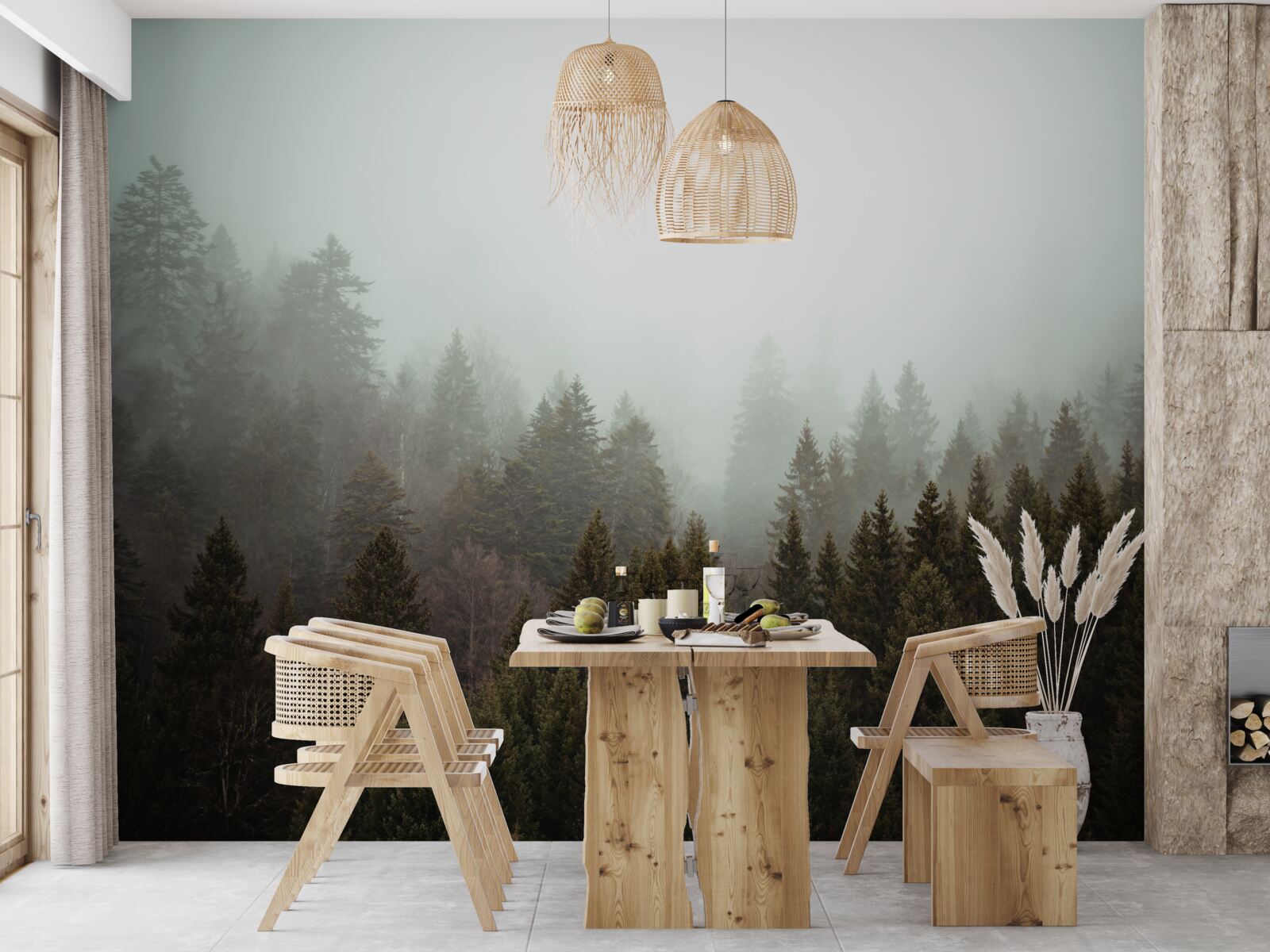 Fototapet răsărit luminos de soare în mijlocul unei păduri de conifere cețoase