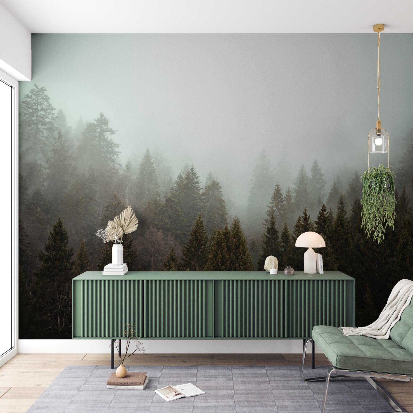 Fototapet răsărit luminos de soare în mijlocul unei păduri de conifere cețoase