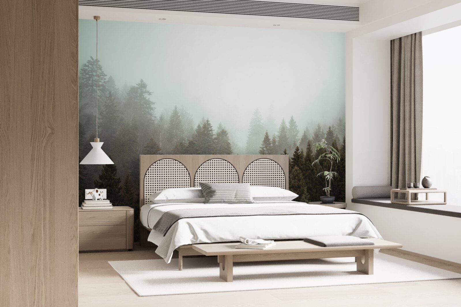 Fototapet răsărit luminos de soare în mijlocul unei păduri de conifere cețoase