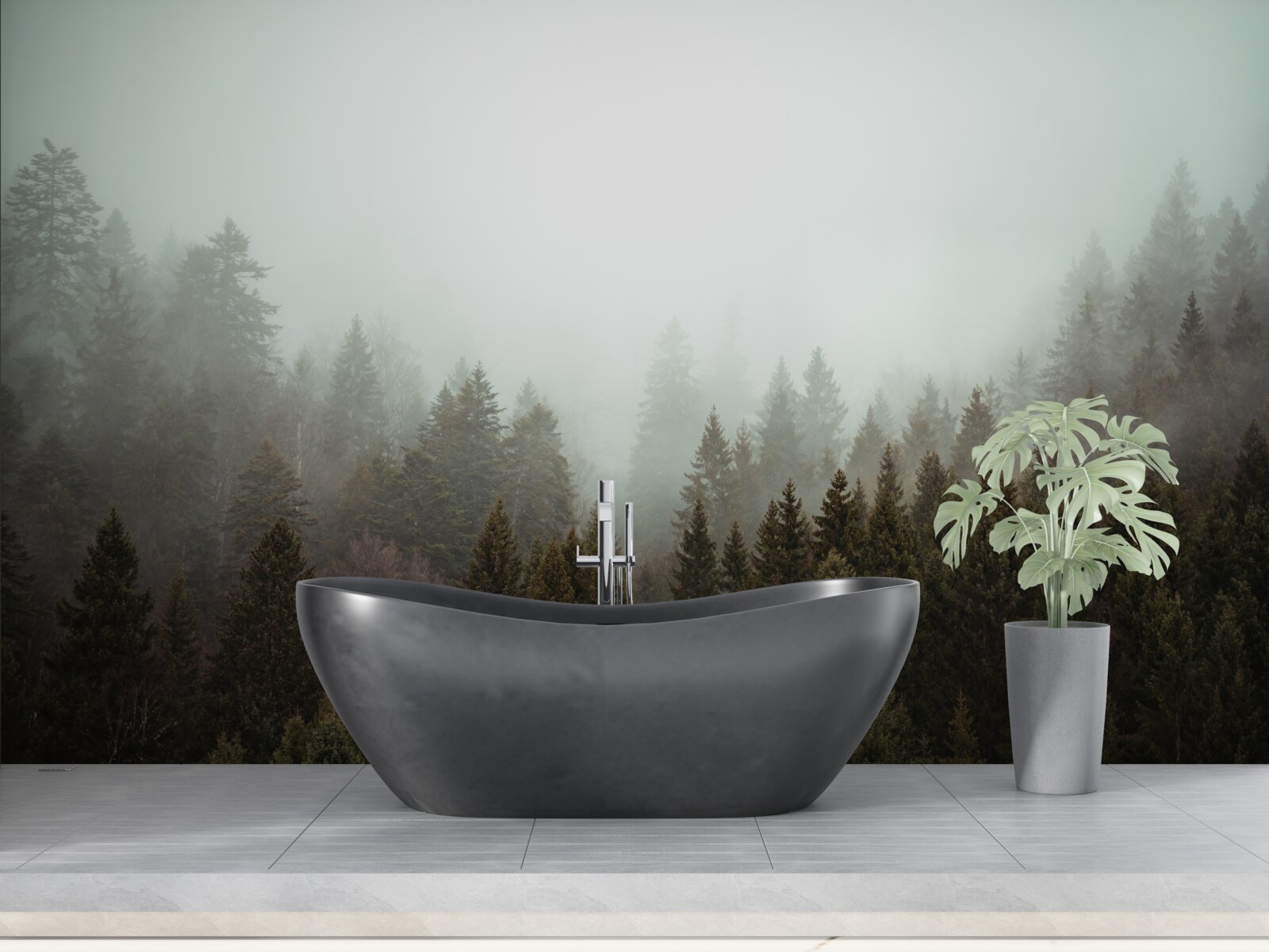 Fototapet răsărit luminos de soare în mijlocul unei păduri de conifere cețoase