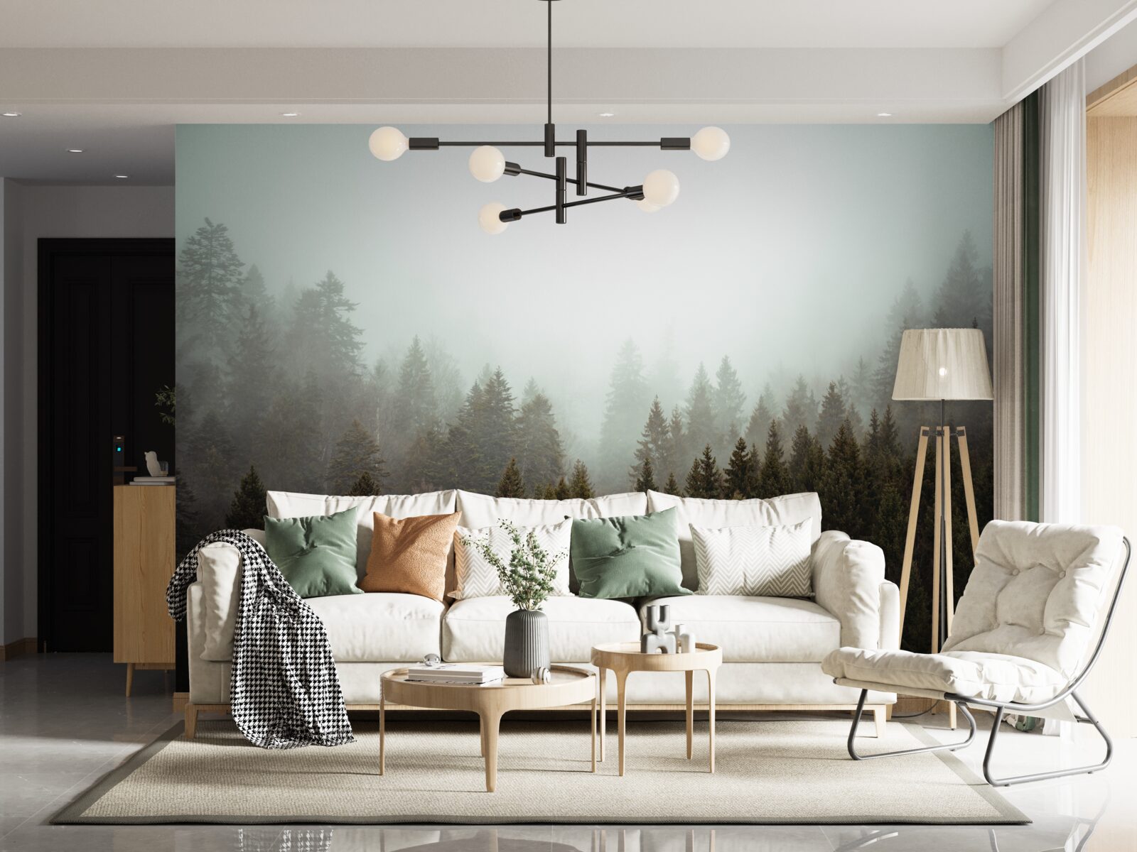 Fototapet răsărit luminos de soare în mijlocul unei păduri de conifere cețoase