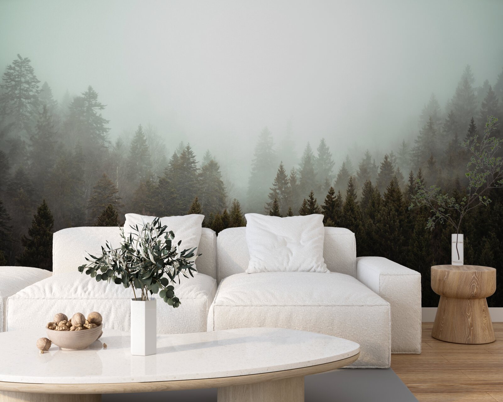 Fototapet răsărit luminos de soare în mijlocul unei păduri de conifere cețoase