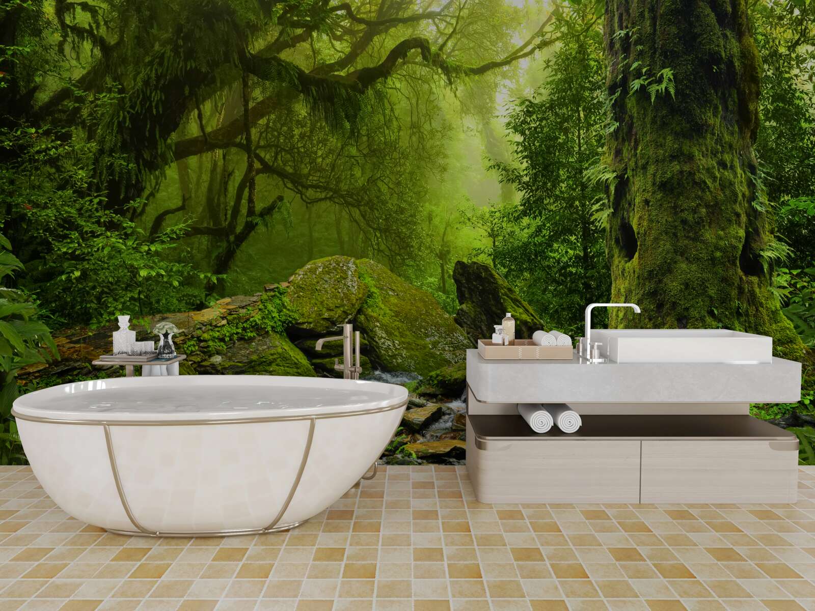 Fototapet pădure verde cu o cascadă