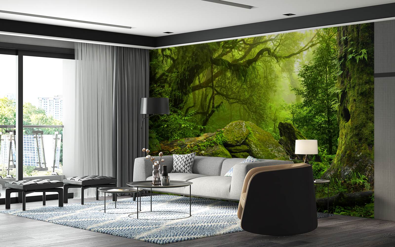 Fototapet pădure verde cu o cascadă