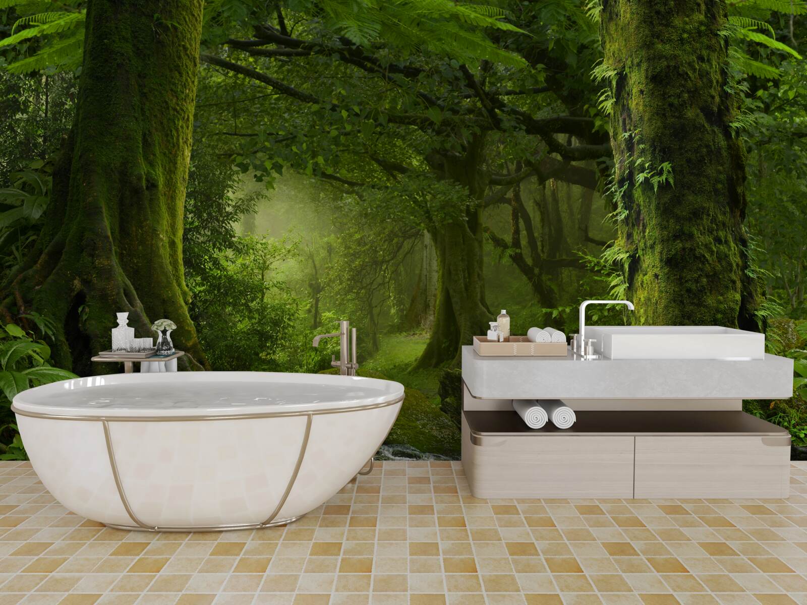 Fototapet cascadă într-un cadru verde de pădure de foioase