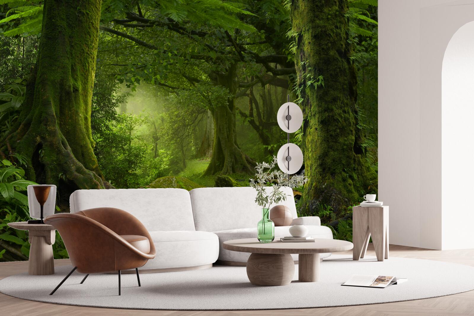 Fototapet cascadă într-un cadru verde de pădure de foioase