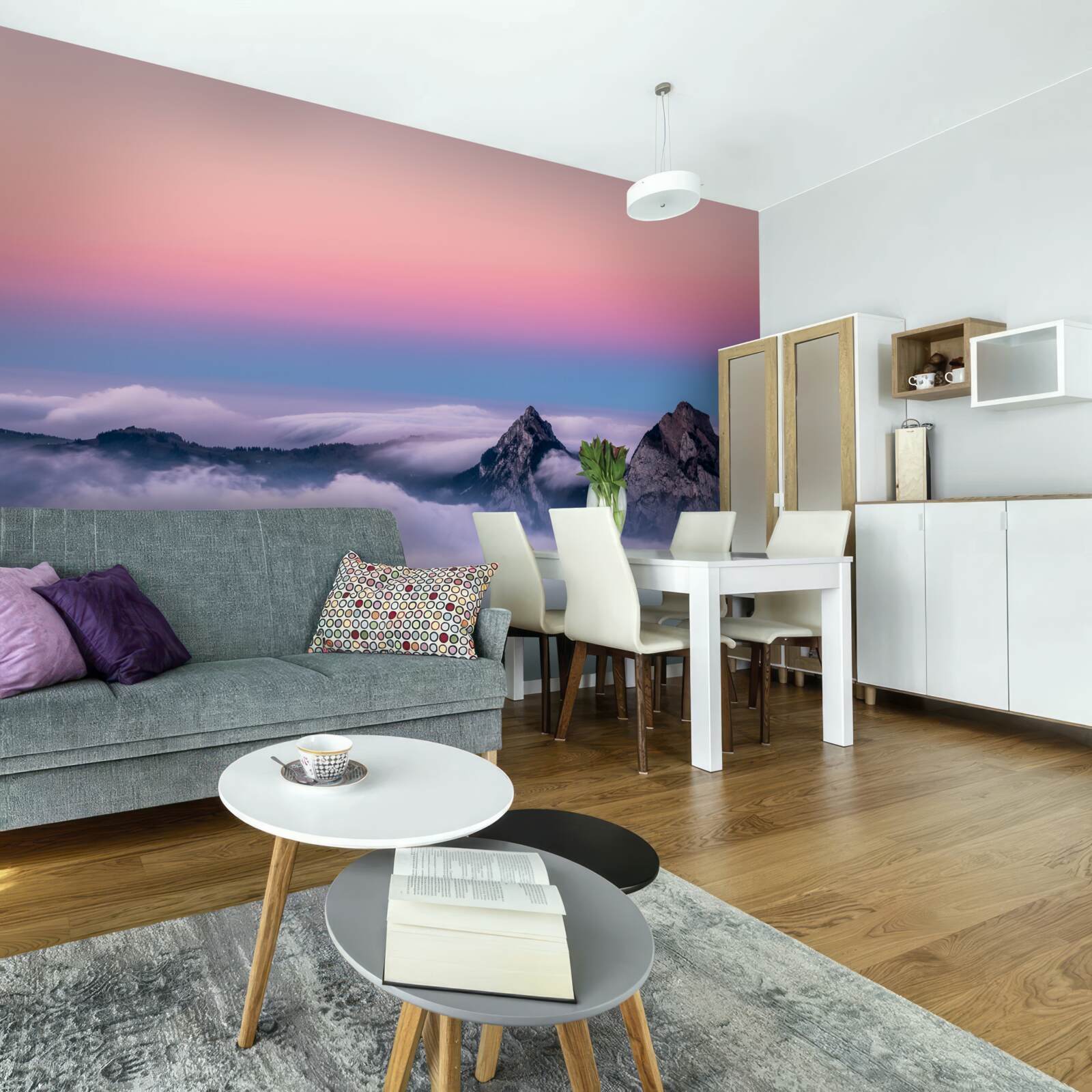 Fototapet vârfuri de nori sub un cer roz