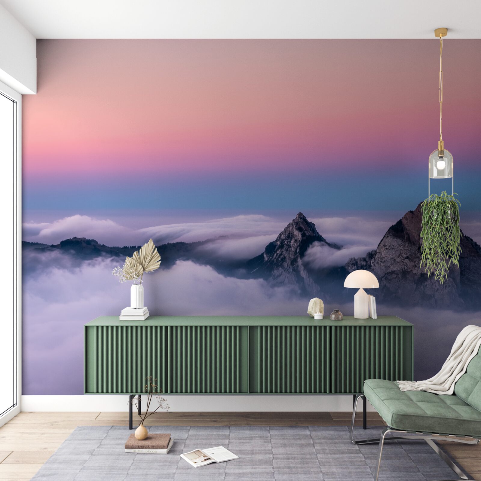 Fototapet vârfuri de nori sub un cer roz