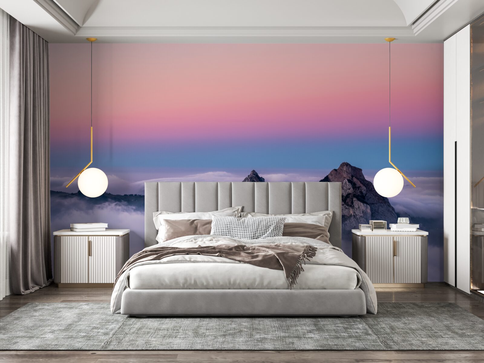 Fototapet vârfuri de nori sub un cer roz