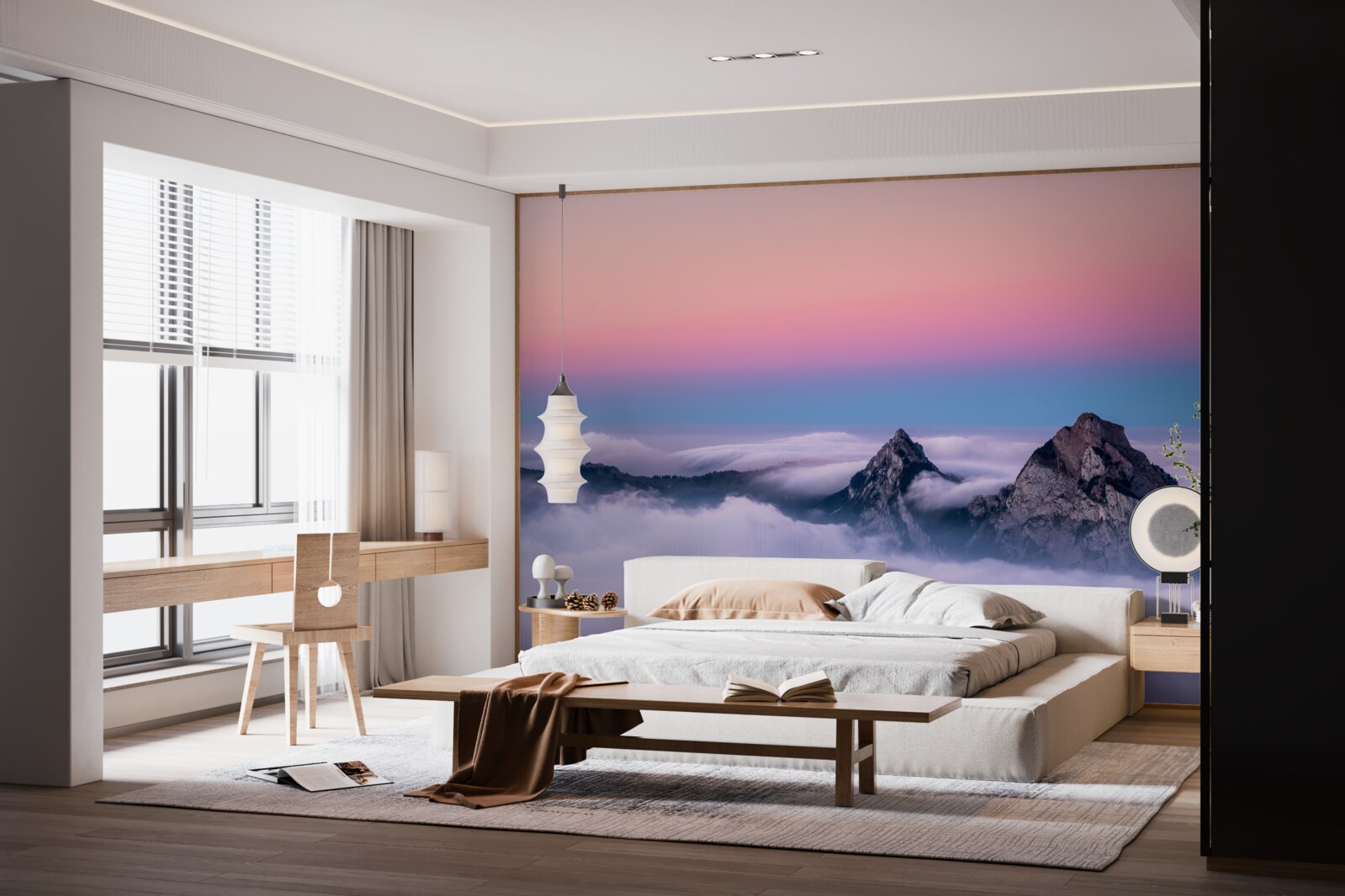 Fototapet vârfuri de nori sub un cer roz