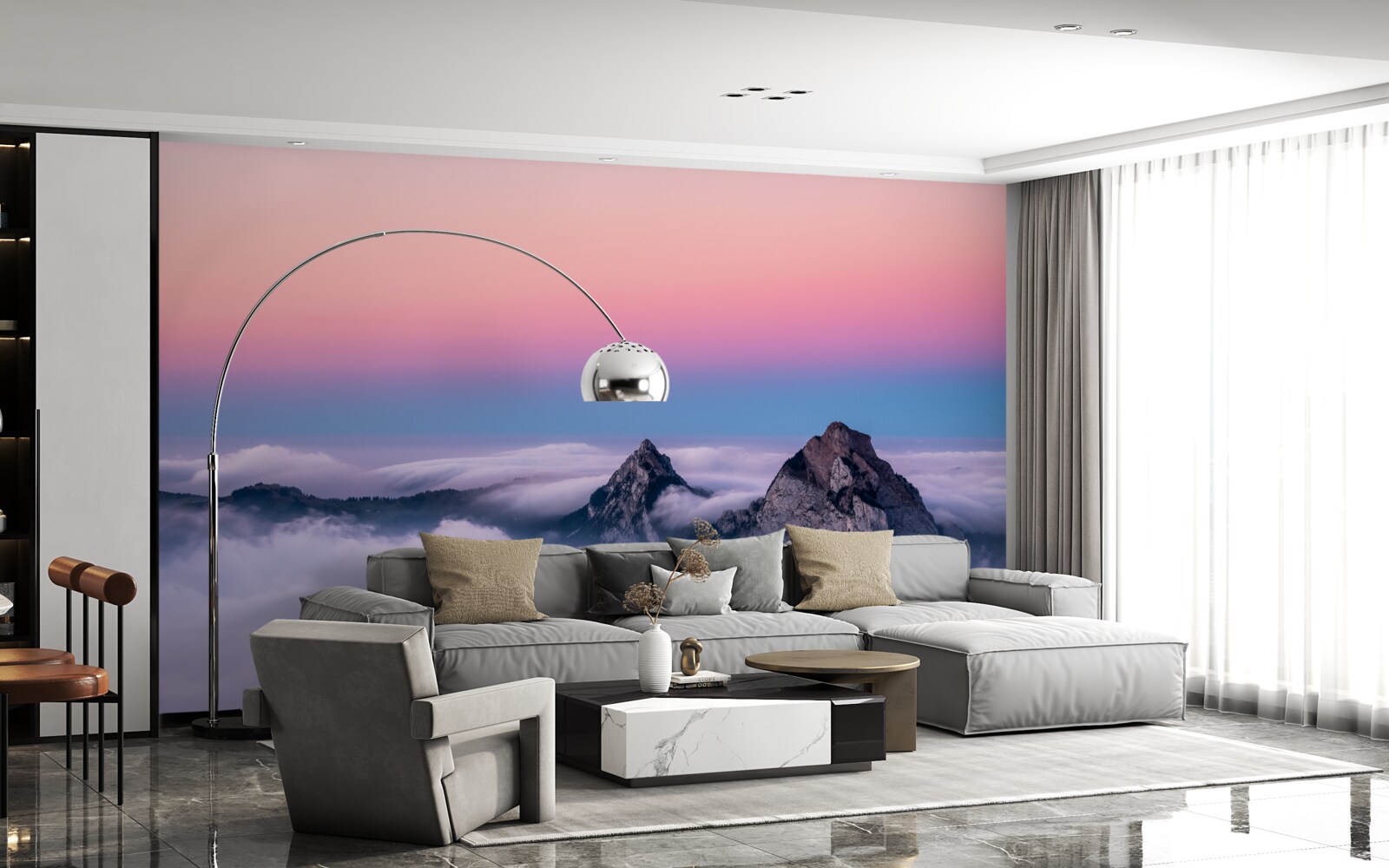 Fototapet vârfuri de nori sub un cer roz