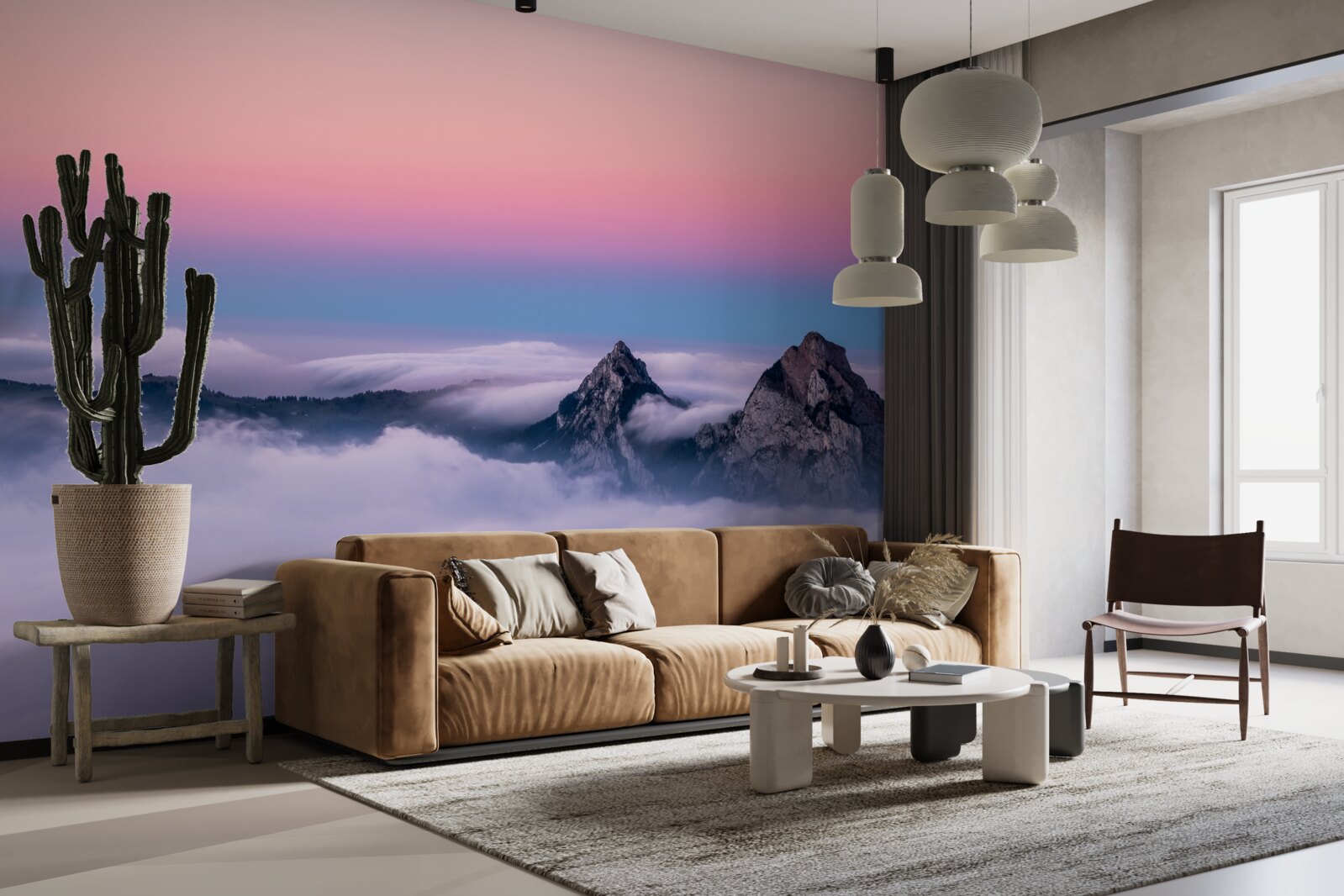 Fototapet vârfuri de nori sub un cer roz